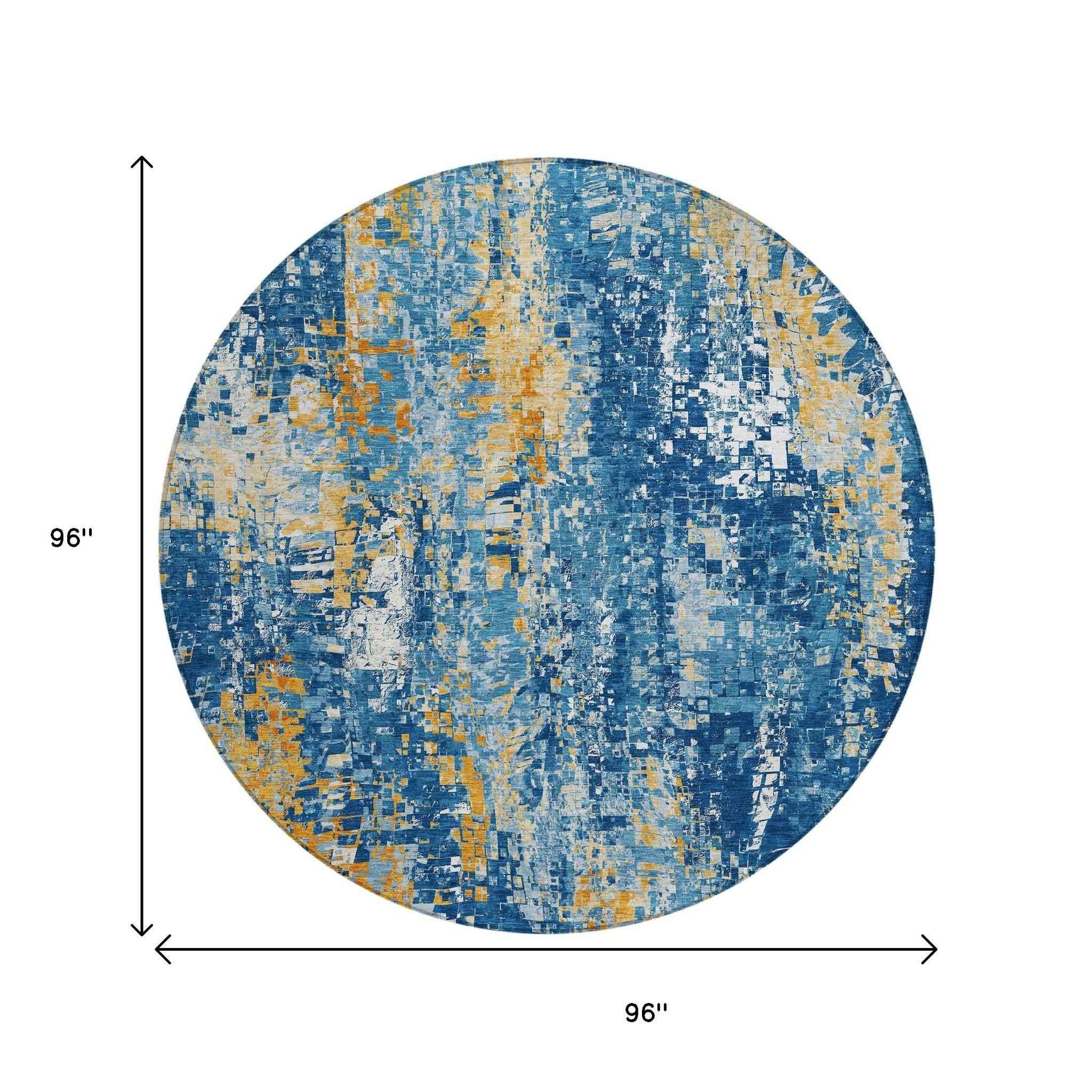 8' Navy Blue Gold And Ivory Round Abstract Washable Indoor Outdoor Area Rug