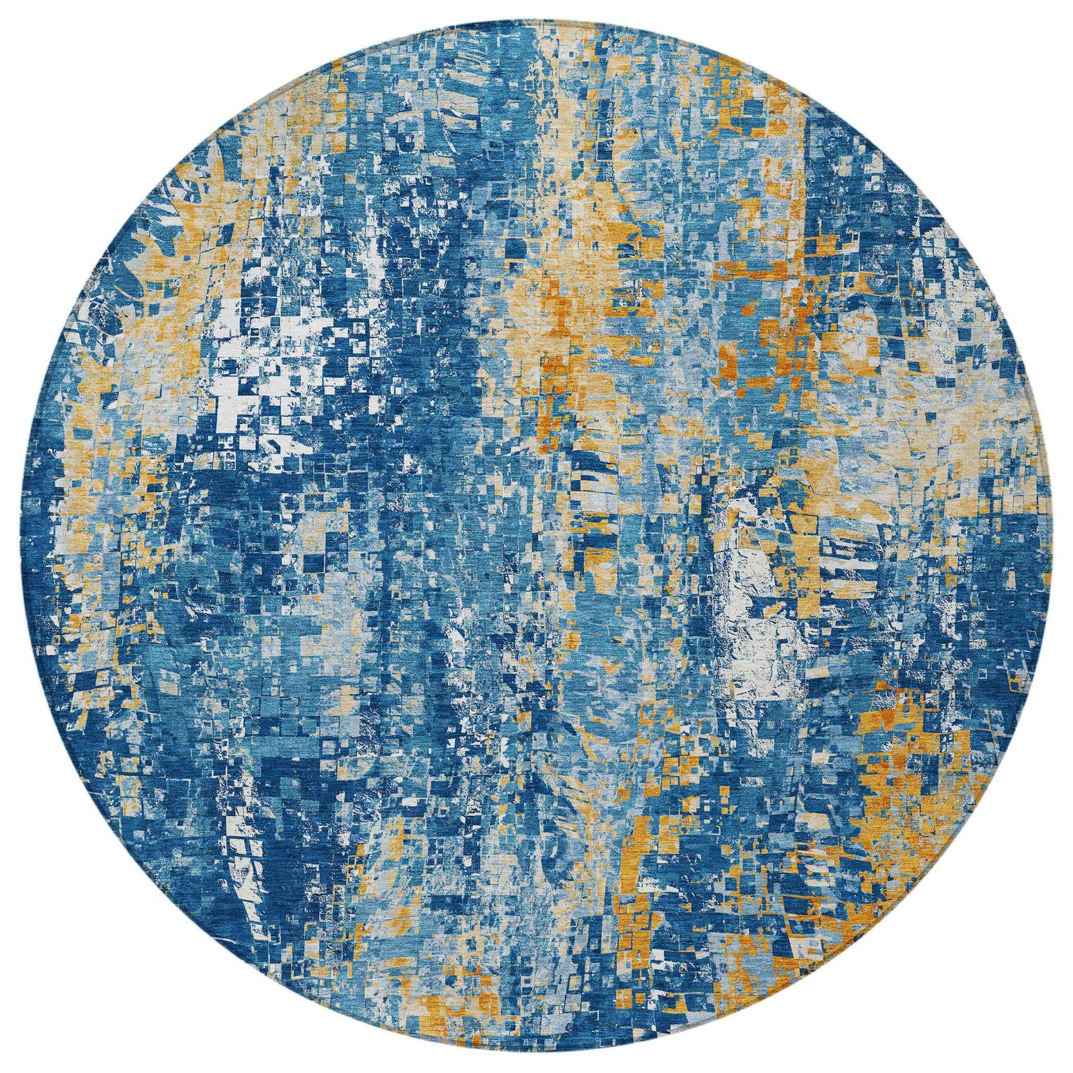 8' Navy Blue Gold And Ivory Round Abstract Washable Indoor Outdoor Area Rug