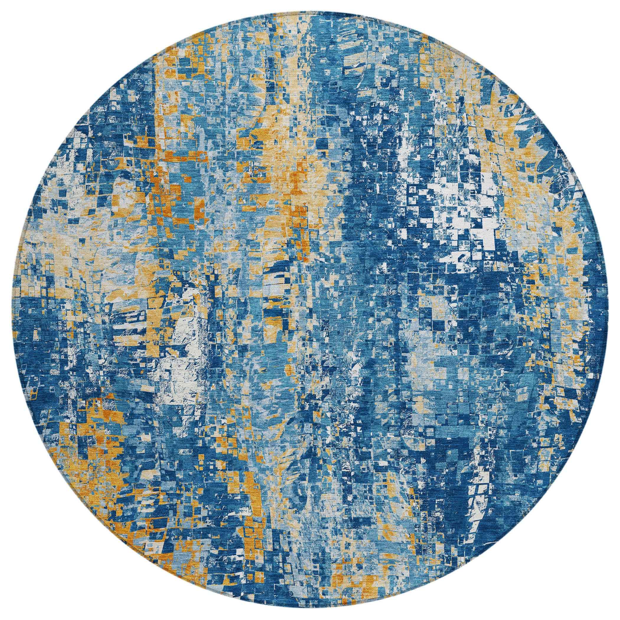 8' Navy Blue Gold And Ivory Round Abstract Washable Indoor Outdoor Area Rug