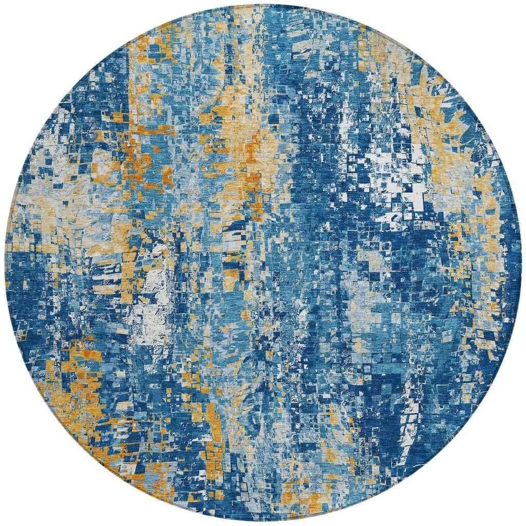 8' Navy Blue Gold And Ivory Round Abstract Washable Indoor Outdoor Area Rug