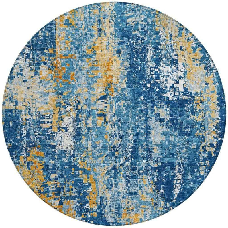 8' Navy Blue Gold And Ivory Round Abstract Washable Indoor Outdoor Area Rug