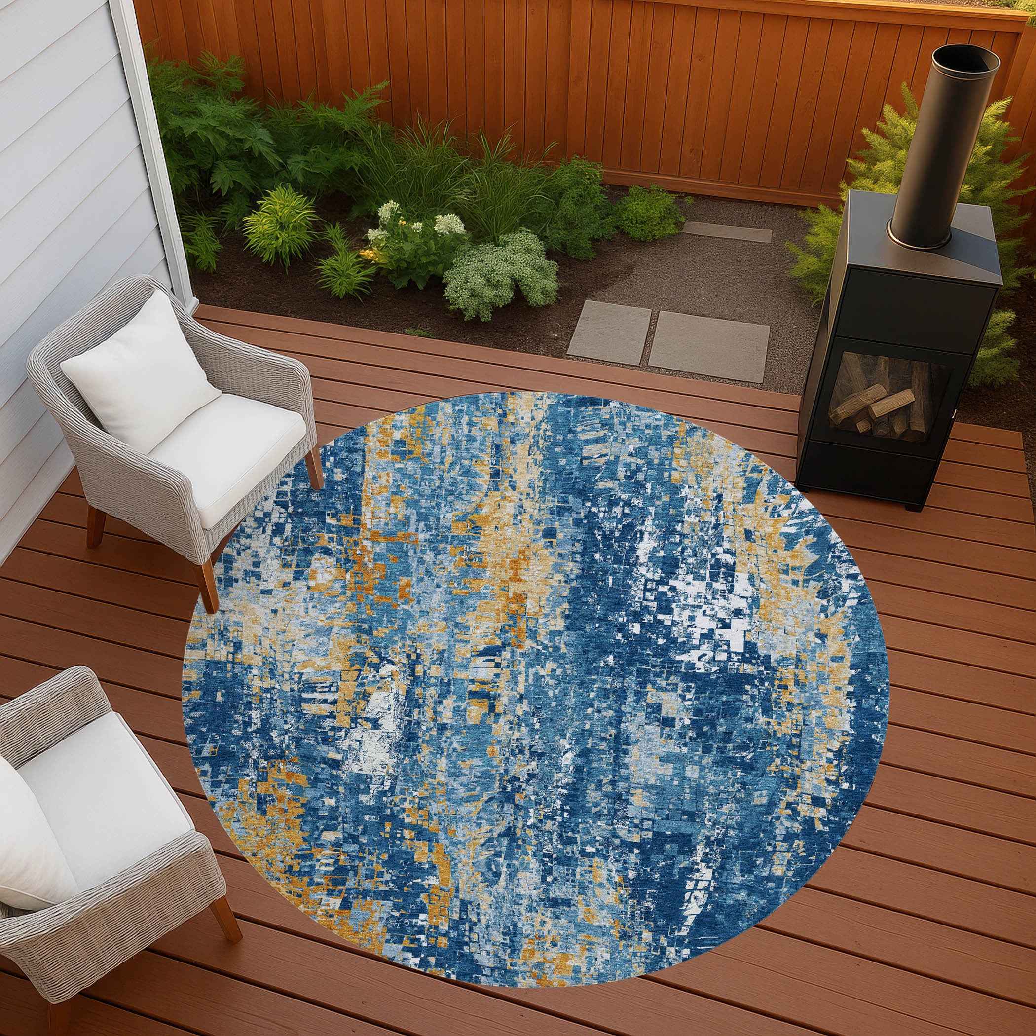 8' Navy Blue Gold And Ivory Round Abstract Washable Indoor Outdoor Area Rug
