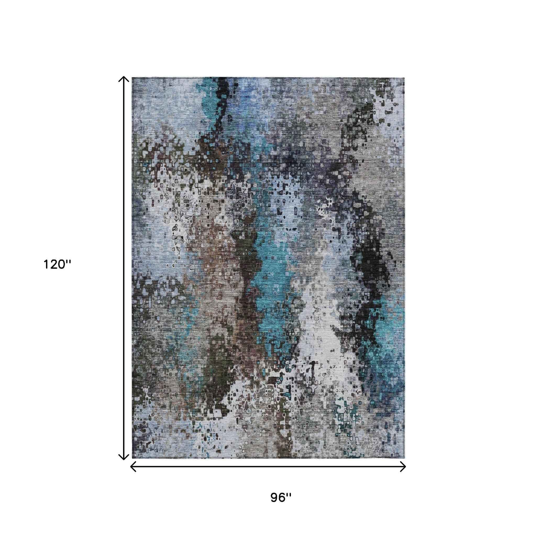 8' X 10' Khaki Ivory And Blue Abstract Washable Indoor Outdoor Area Rug