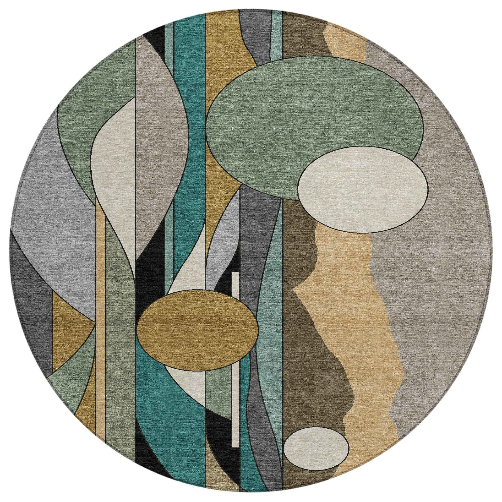 8' Taupe Ivory And Gold Round Geometric Washable Indoor Outdoor Area Rug