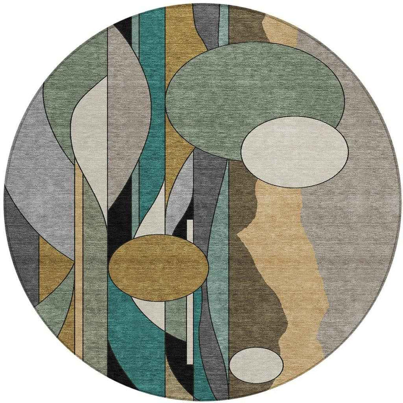 8' Taupe Ivory And Gold Round Geometric Washable Indoor Outdoor Area Rug