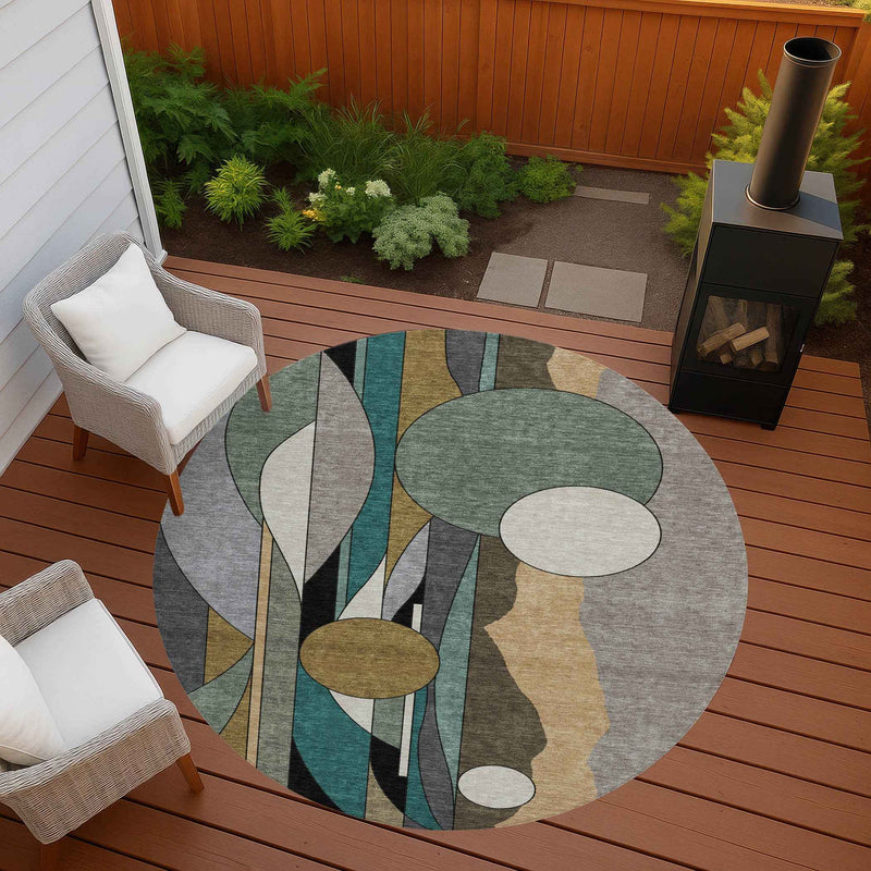 8' Taupe Ivory And Gold Round Geometric Washable Indoor Outdoor Area Rug