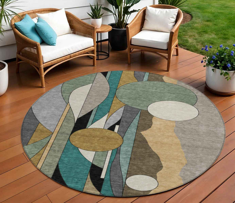 8' Taupe Ivory And Gold Round Geometric Washable Indoor Outdoor Area Rug
