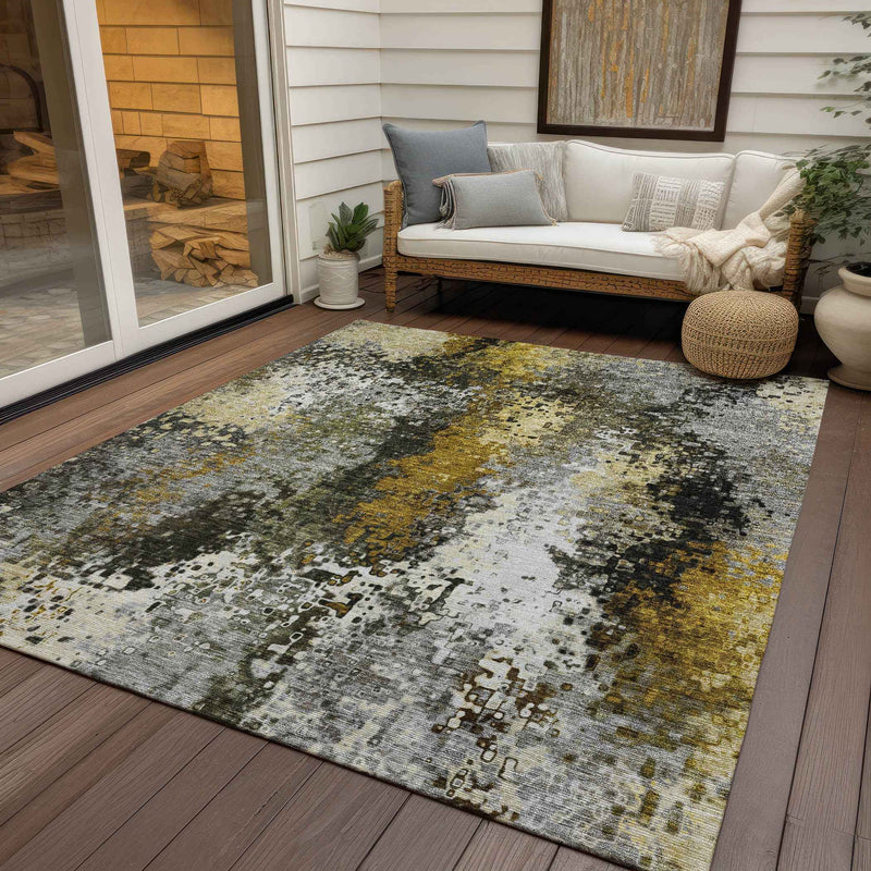 5' X 8' Pewter Gold And Silver Abstract Washable Indoor Outdoor Area Rug