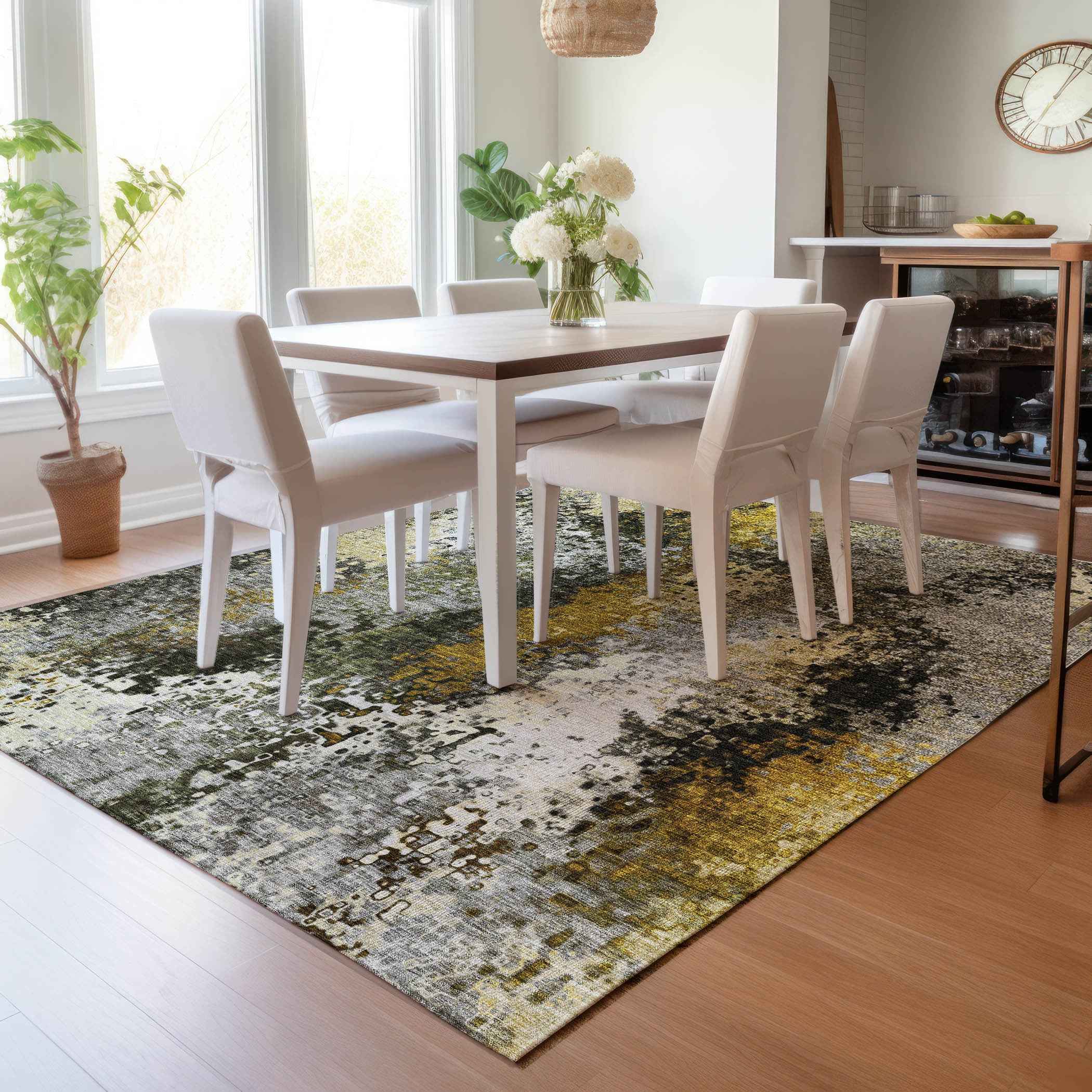 5' X 8' Pewter Gold And Silver Abstract Washable Indoor Outdoor Area Rug