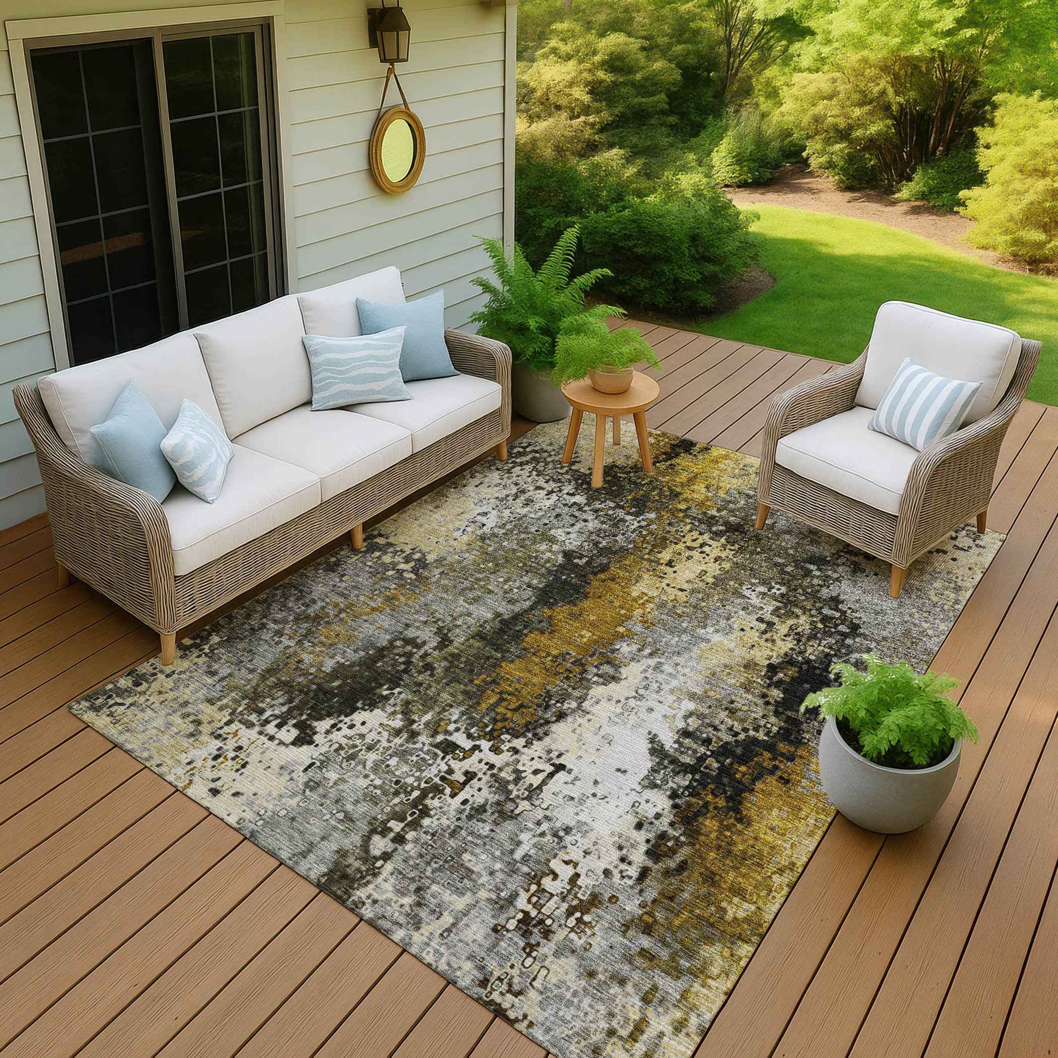 5' X 8' Pewter Gold And Silver Abstract Washable Indoor Outdoor Area Rug