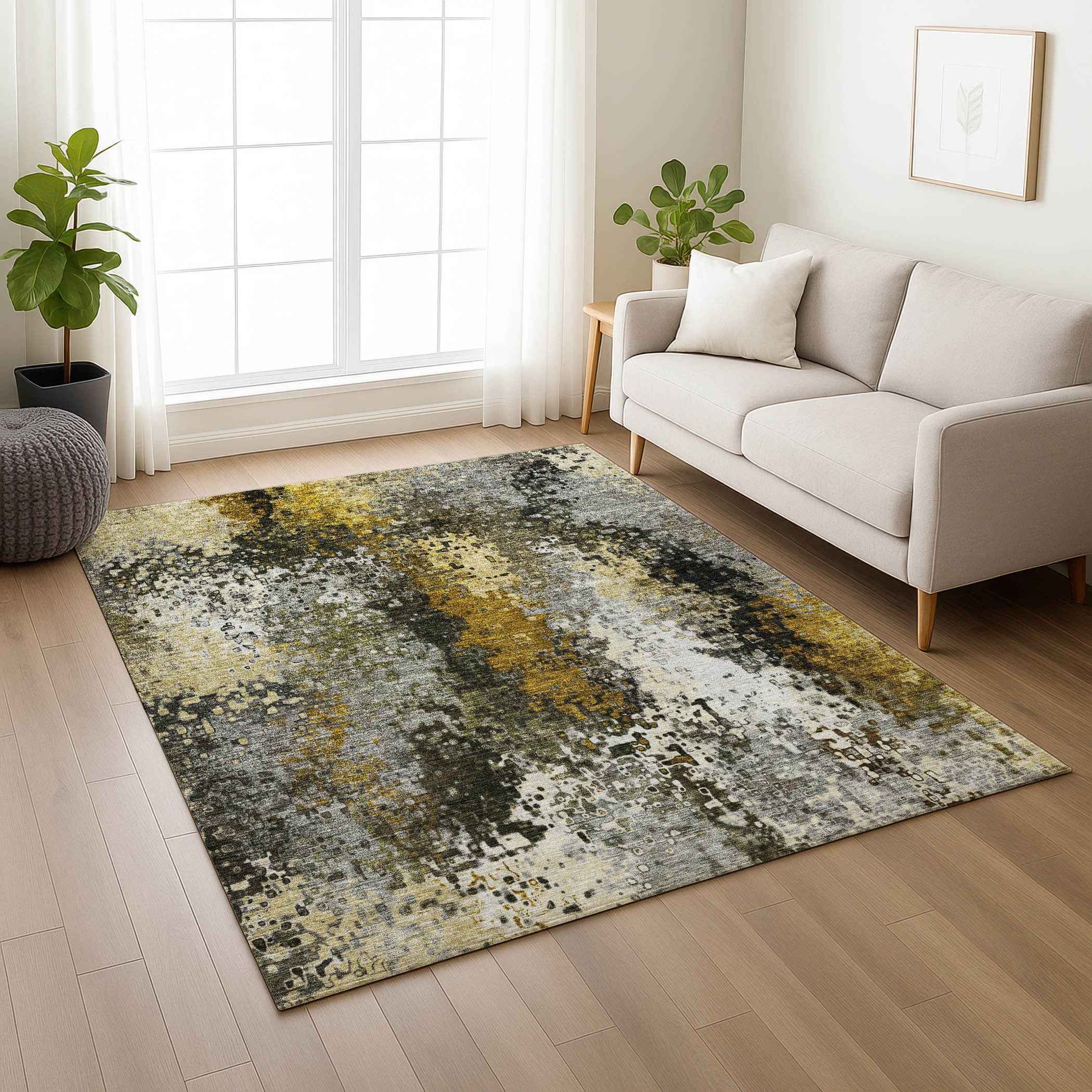 5' X 8' Pewter Gold And Silver Abstract Washable Indoor Outdoor Area Rug