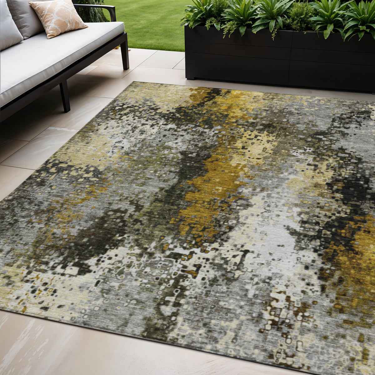 5' X 8' Pewter Gold And Silver Abstract Washable Indoor Outdoor Area Rug