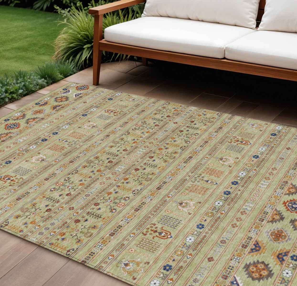 10' X 14' Artichoke Green Blue And Copper Tribal Washable Indoor Outdoor Area Rug