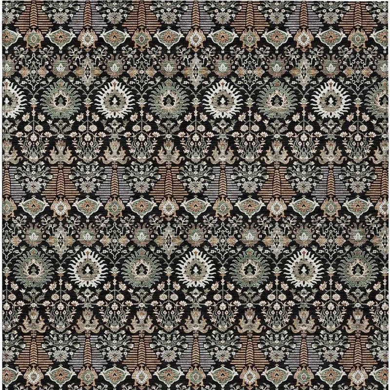 8' X 10' Black And Ivory Floral Washable Indoor Outdoor Area Rug