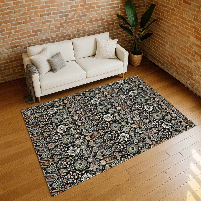 8' X 10' Black And Ivory Floral Washable Indoor Outdoor Area Rug