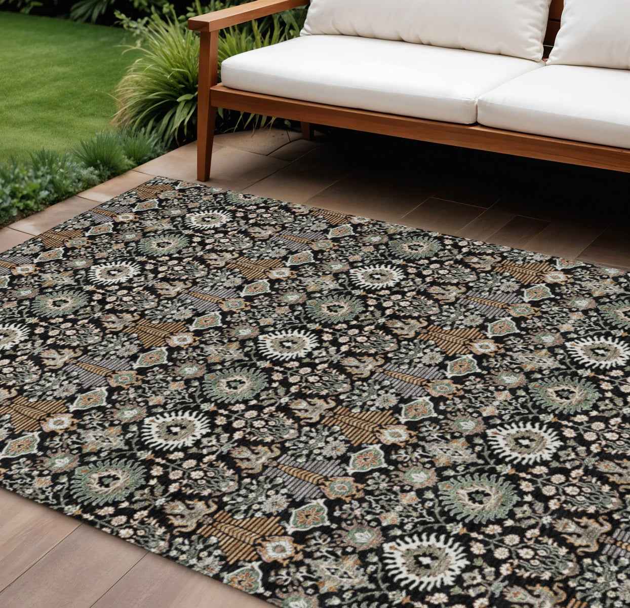 8' X 10' Black And Ivory Floral Washable Indoor Outdoor Area Rug