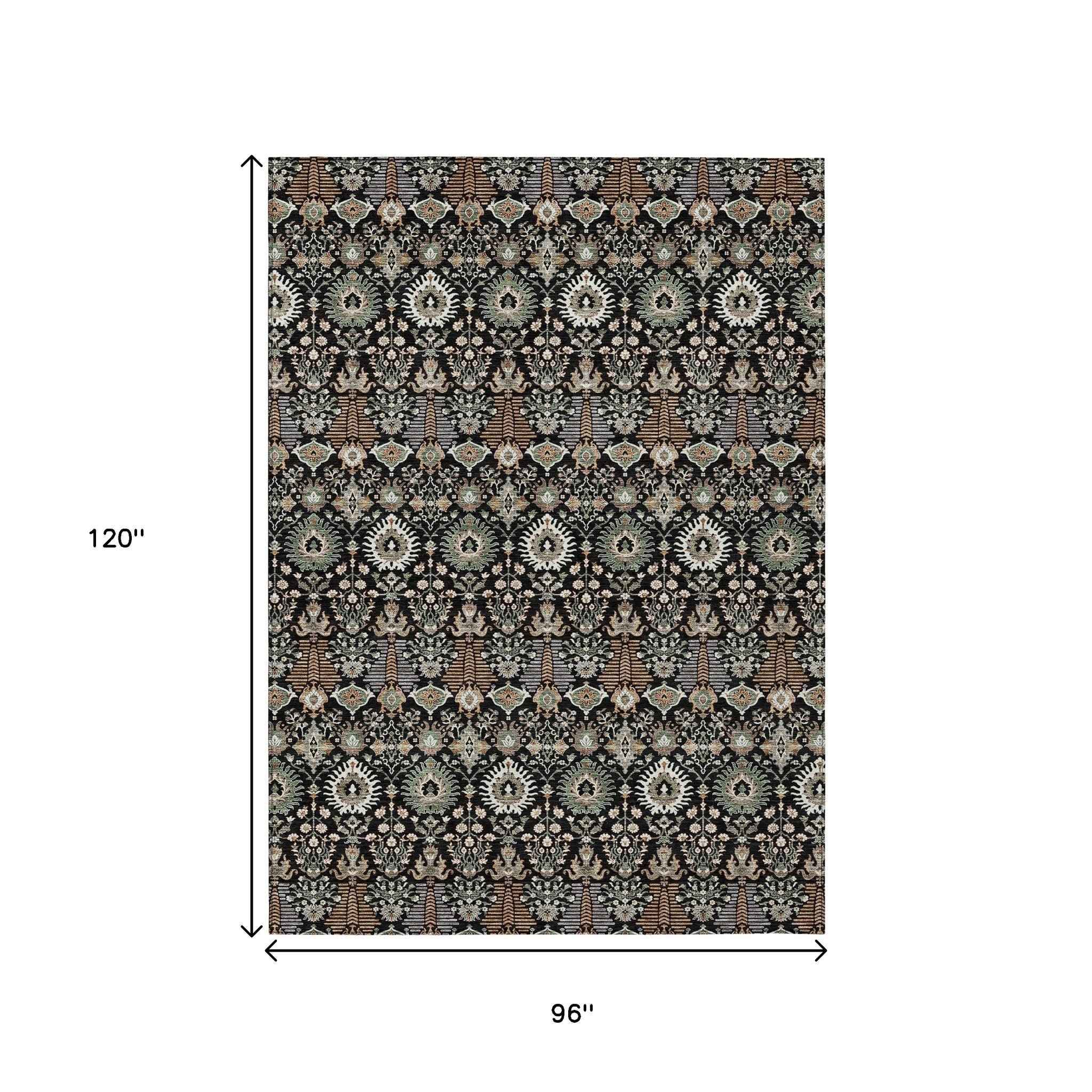 8' X 10' Black And Ivory Floral Washable Indoor Outdoor Area Rug