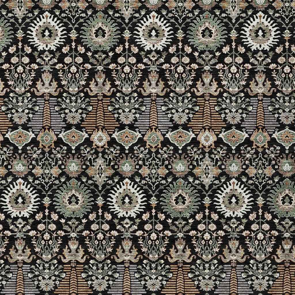 8' X 10' Black And Ivory Floral Washable Indoor Outdoor Area Rug