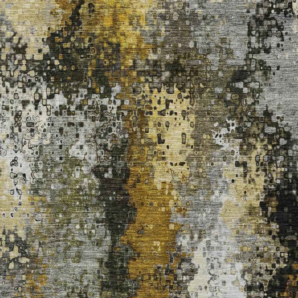 3' X 5' Pewter Gold And Silver Abstract Washable Indoor Outdoor Area Rug