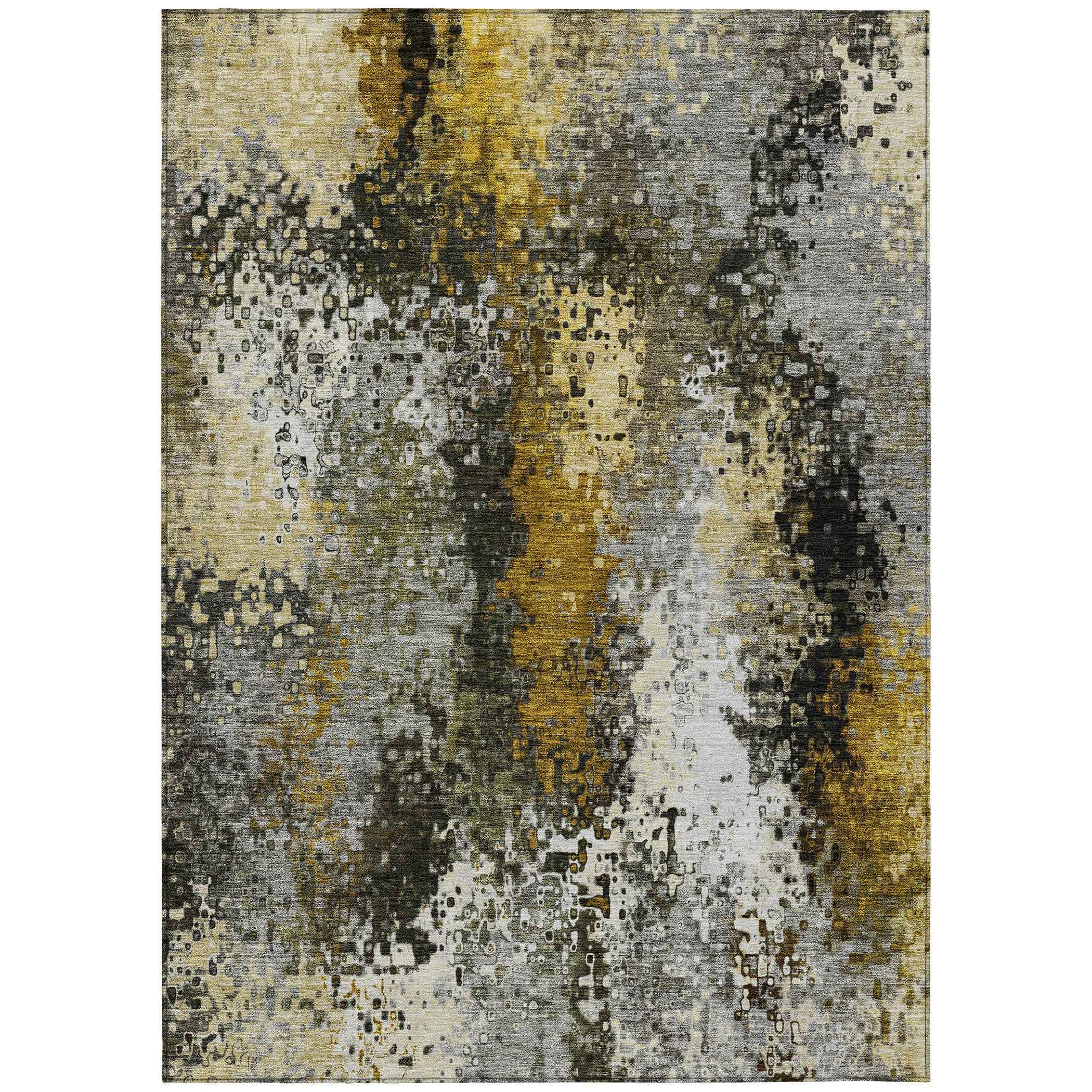 3' X 5' Pewter Gold And Silver Abstract Washable Indoor Outdoor Area Rug
