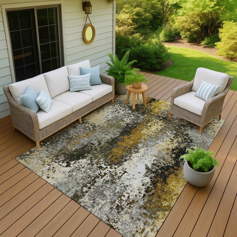 3' X 5' Pewter Gold And Silver Abstract Washable Indoor Outdoor Area Rug