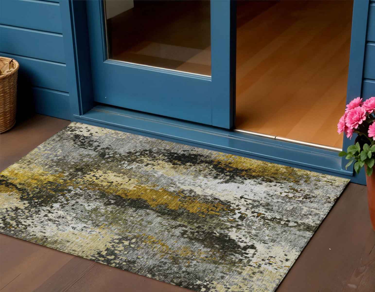 3' X 5' Pewter Gold And Silver Abstract Washable Indoor Outdoor Area Rug