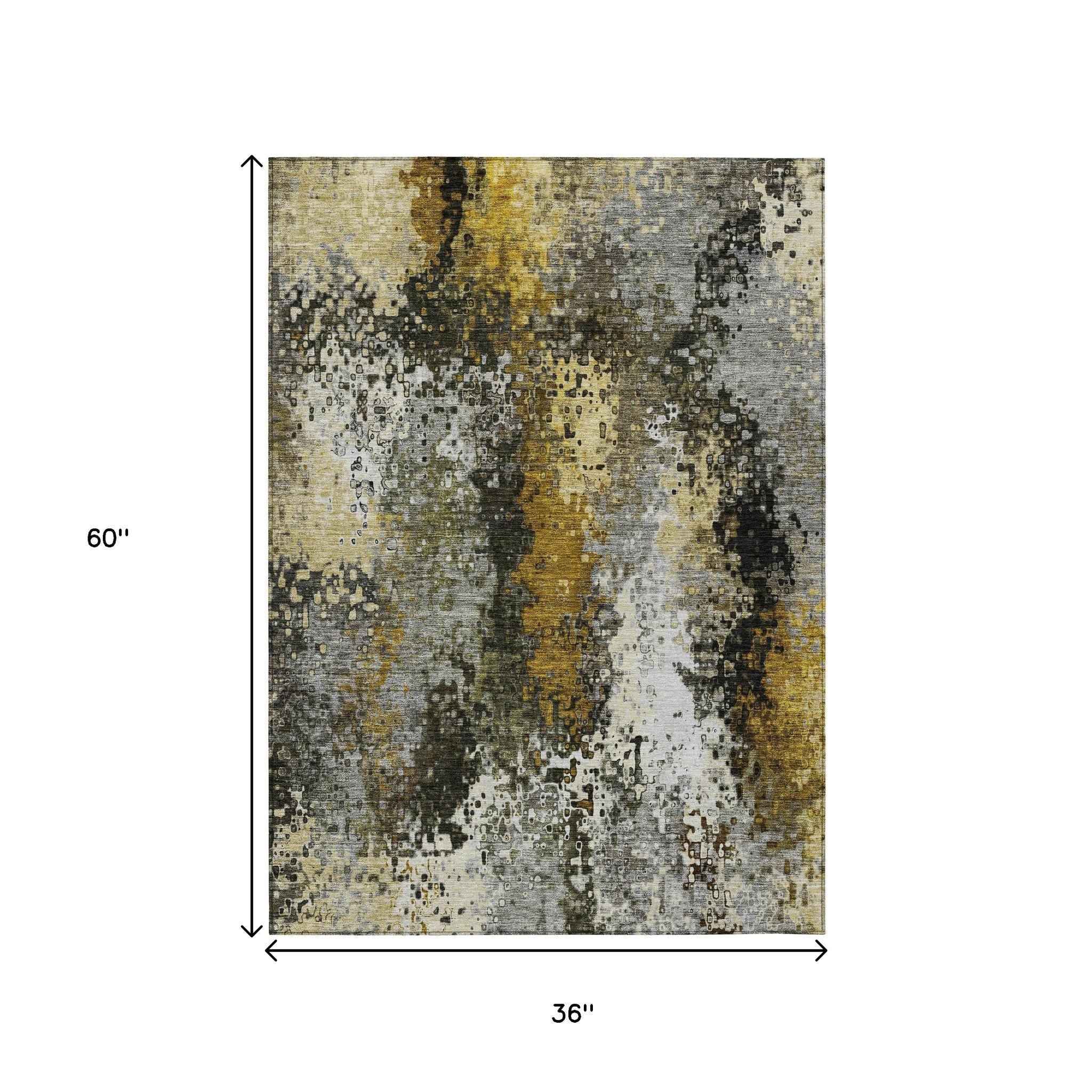 3' X 5' Pewter Gold And Silver Abstract Washable Indoor Outdoor Area Rug