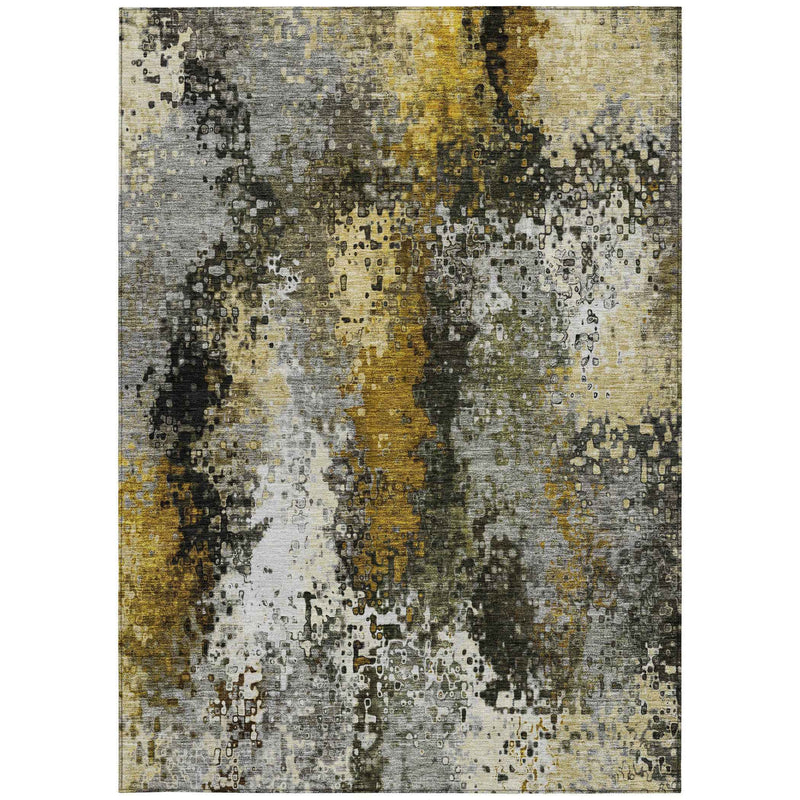 3' X 5' Pewter Gold And Silver Abstract Washable Indoor Outdoor Area Rug