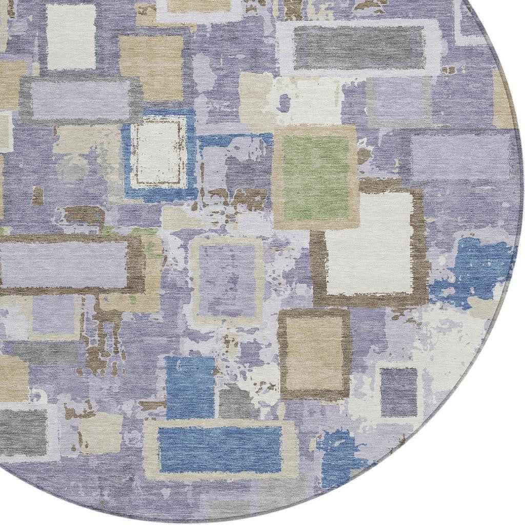 8' Purple Tan And Ivory Round Geometric Washable Indoor Outdoor Area Rug