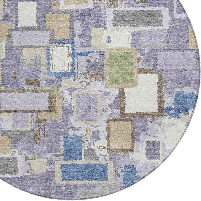 8' Purple Tan And Ivory Round Geometric Washable Indoor Outdoor Area Rug