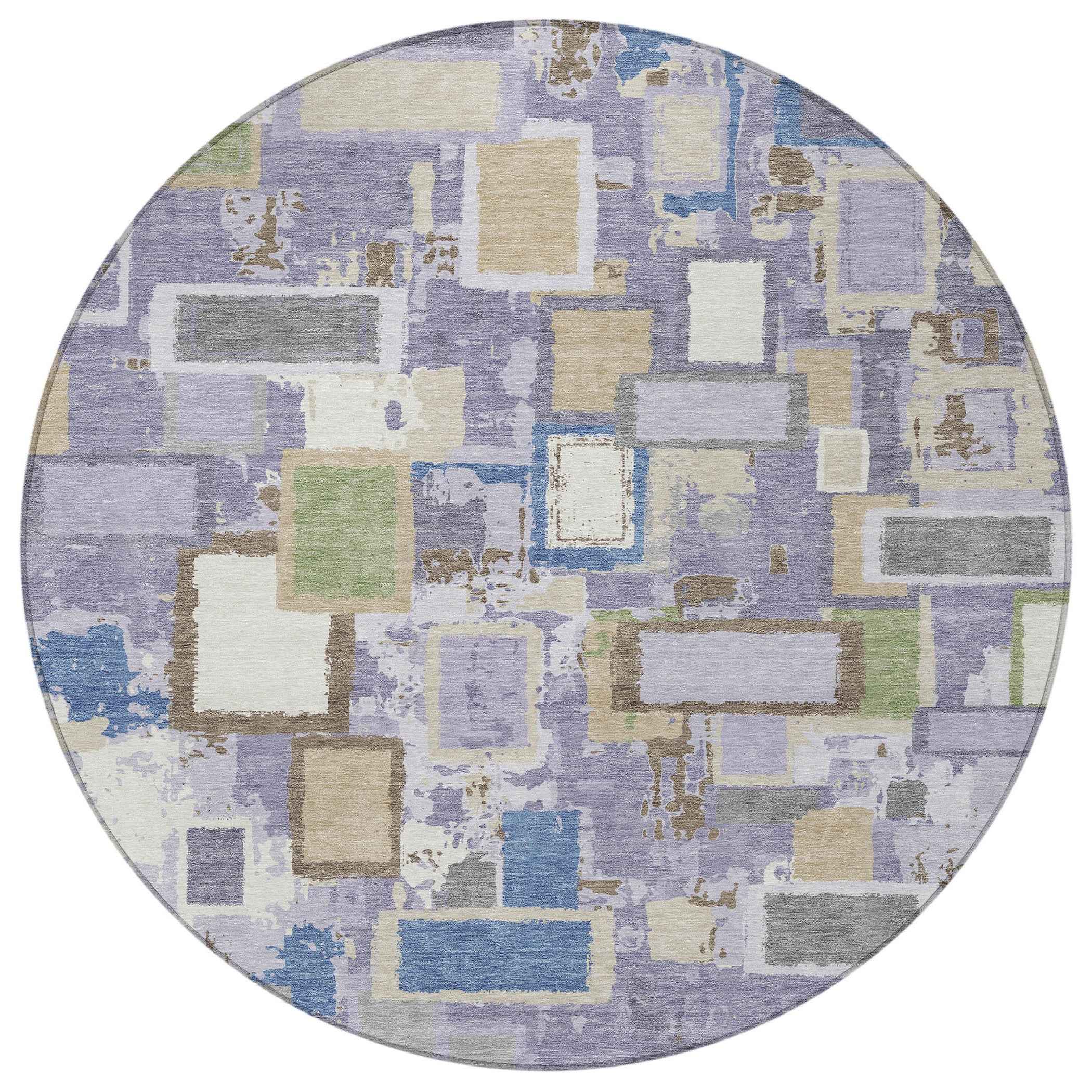 8' Purple Tan And Ivory Round Geometric Washable Indoor Outdoor Area Rug
