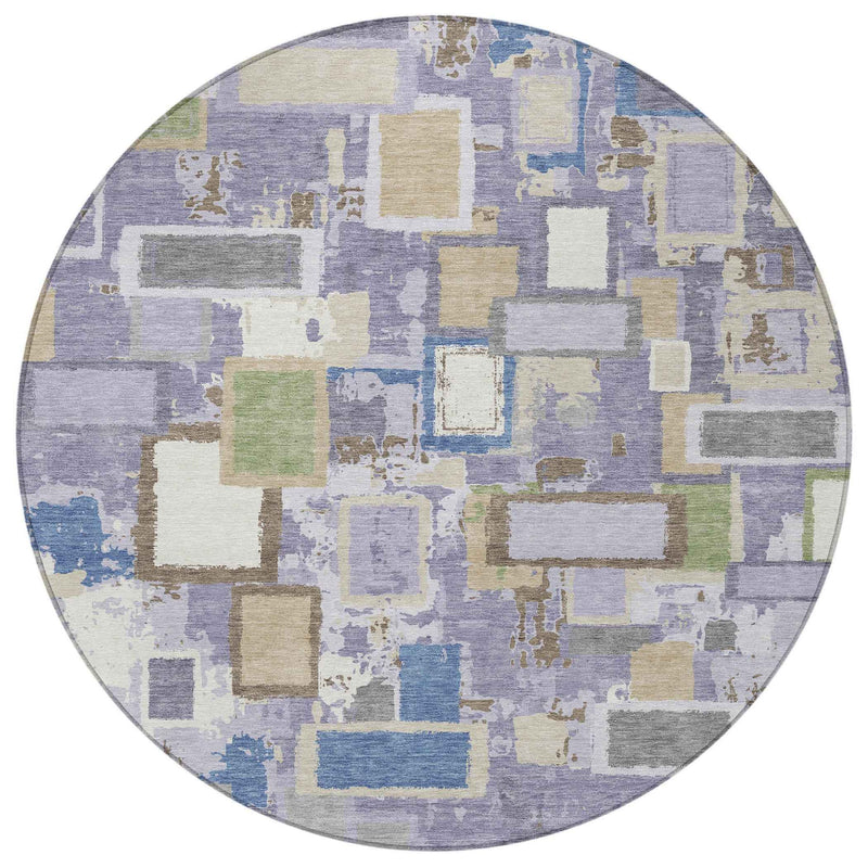 8' Purple Tan And Ivory Round Geometric Washable Indoor Outdoor Area Rug