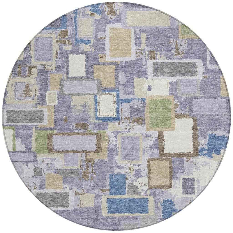 8' Purple Tan And Ivory Round Geometric Washable Indoor Outdoor Area Rug