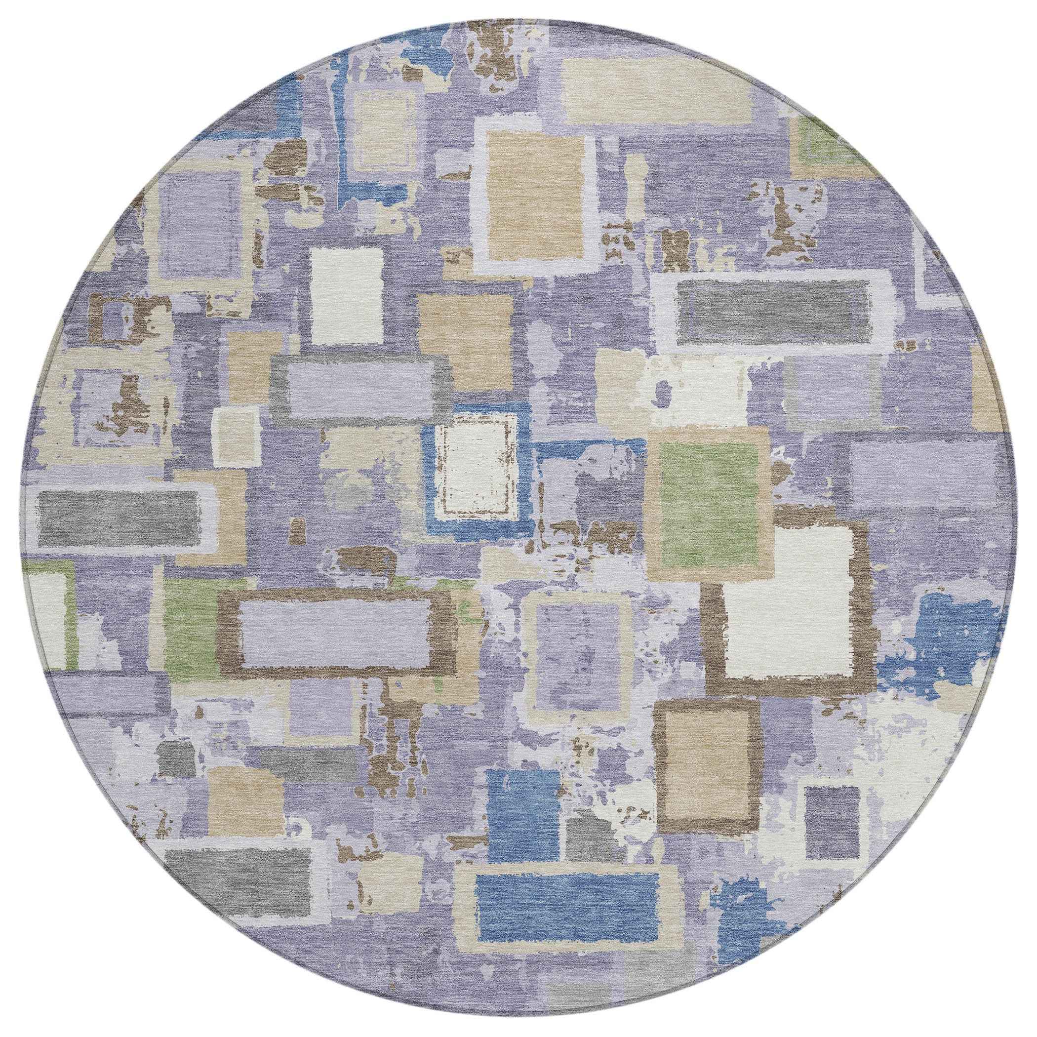 8' Purple Tan And Ivory Round Geometric Washable Indoor Outdoor Area Rug