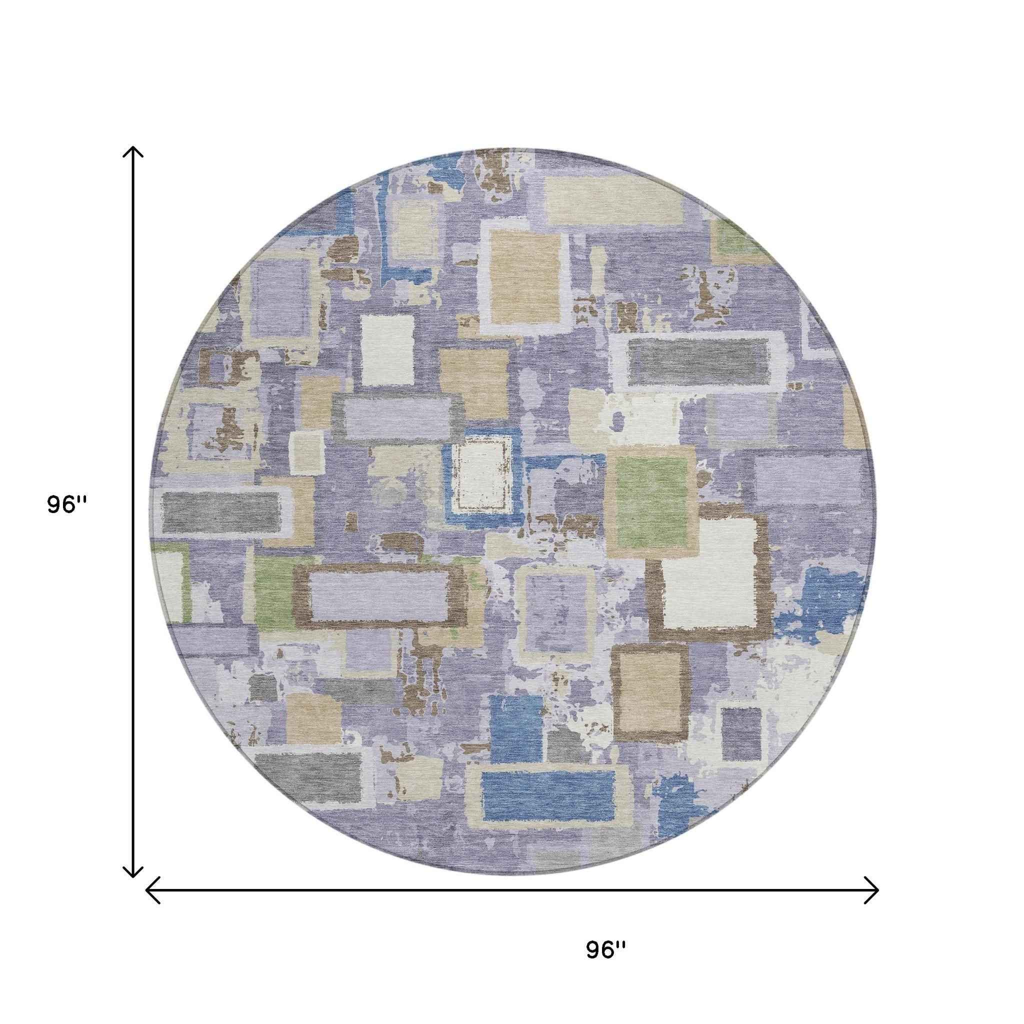 8' Purple Tan And Ivory Round Geometric Washable Indoor Outdoor Area Rug