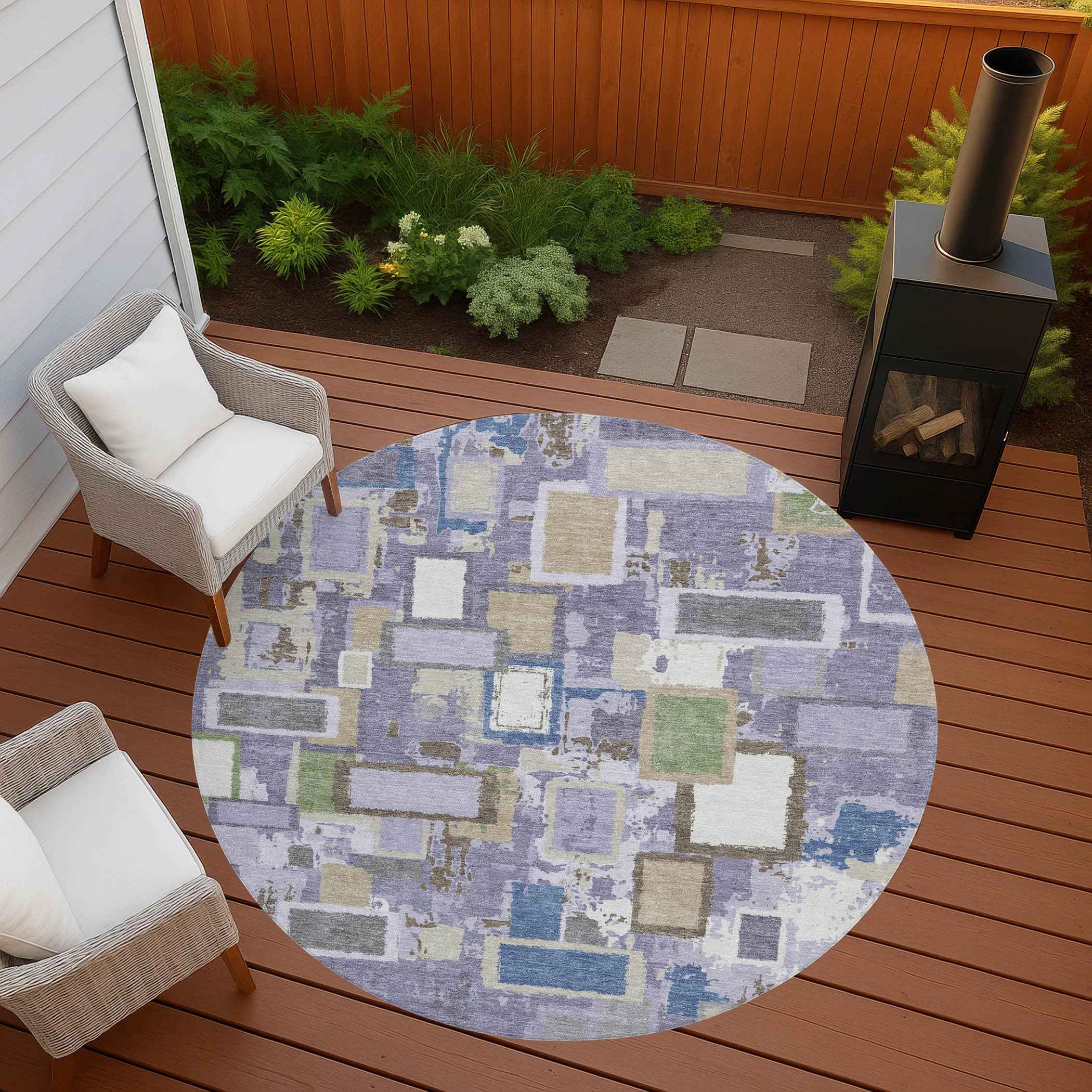 8' Purple Tan And Ivory Round Geometric Washable Indoor Outdoor Area Rug