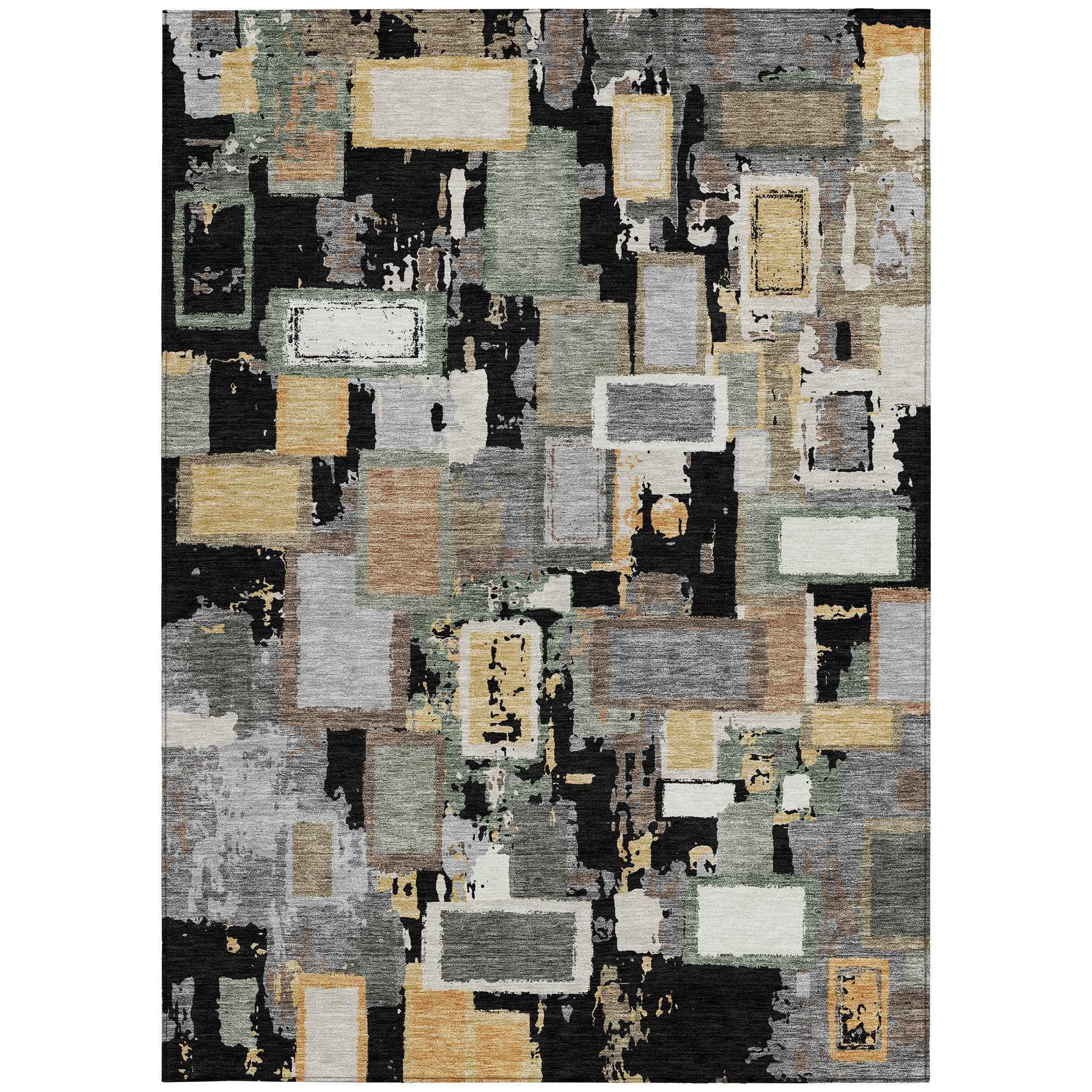 10' X 14' Black Gold And Ivory Geometric Washable Indoor Outdoor Area Rug