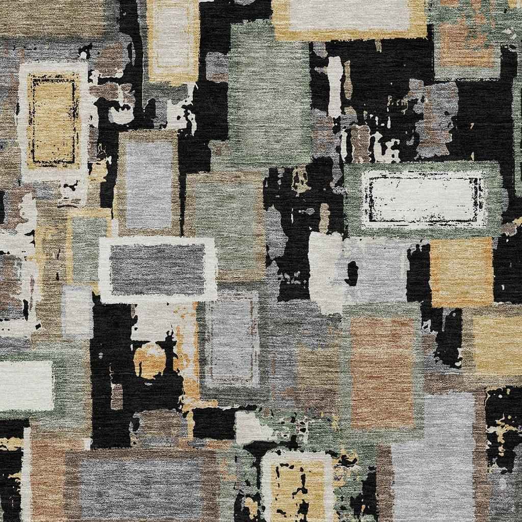 10' X 14' Black Gold And Ivory Geometric Washable Indoor Outdoor Area Rug