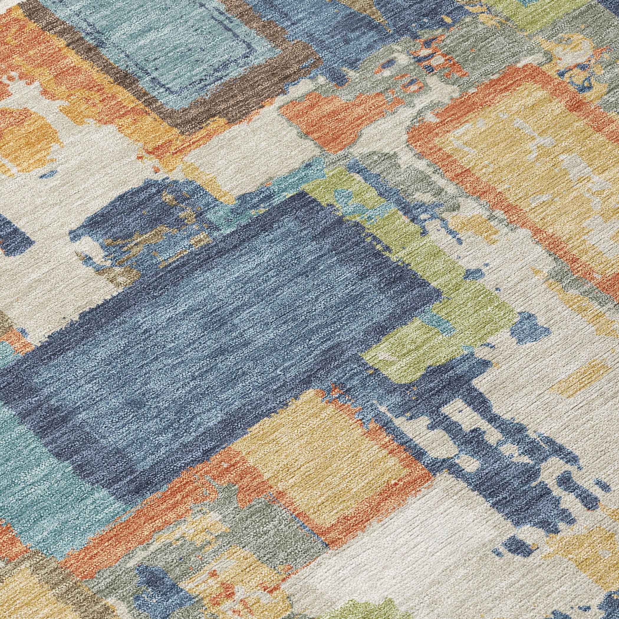 3' X 5' Denim Blue Copper And Green Geometric Washable Indoor Outdoor Area Rug