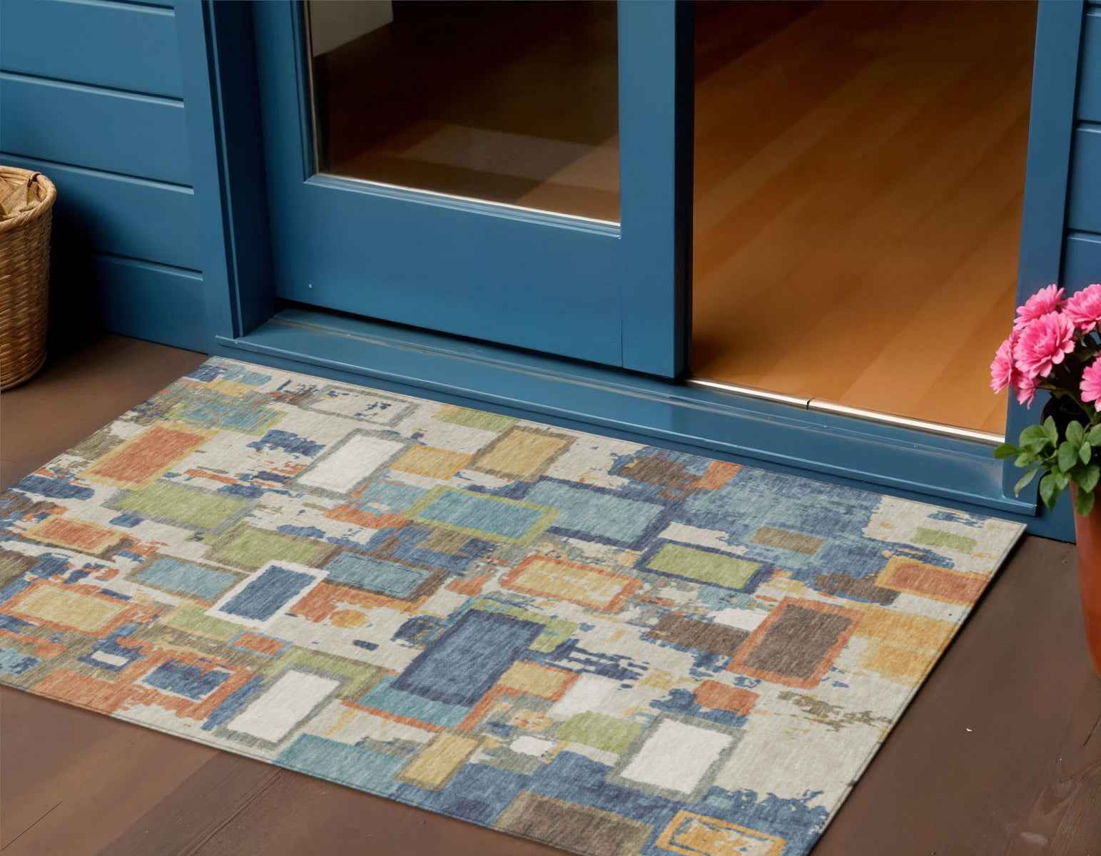 3' X 5' Denim Blue Copper And Green Geometric Washable Indoor Outdoor Area Rug