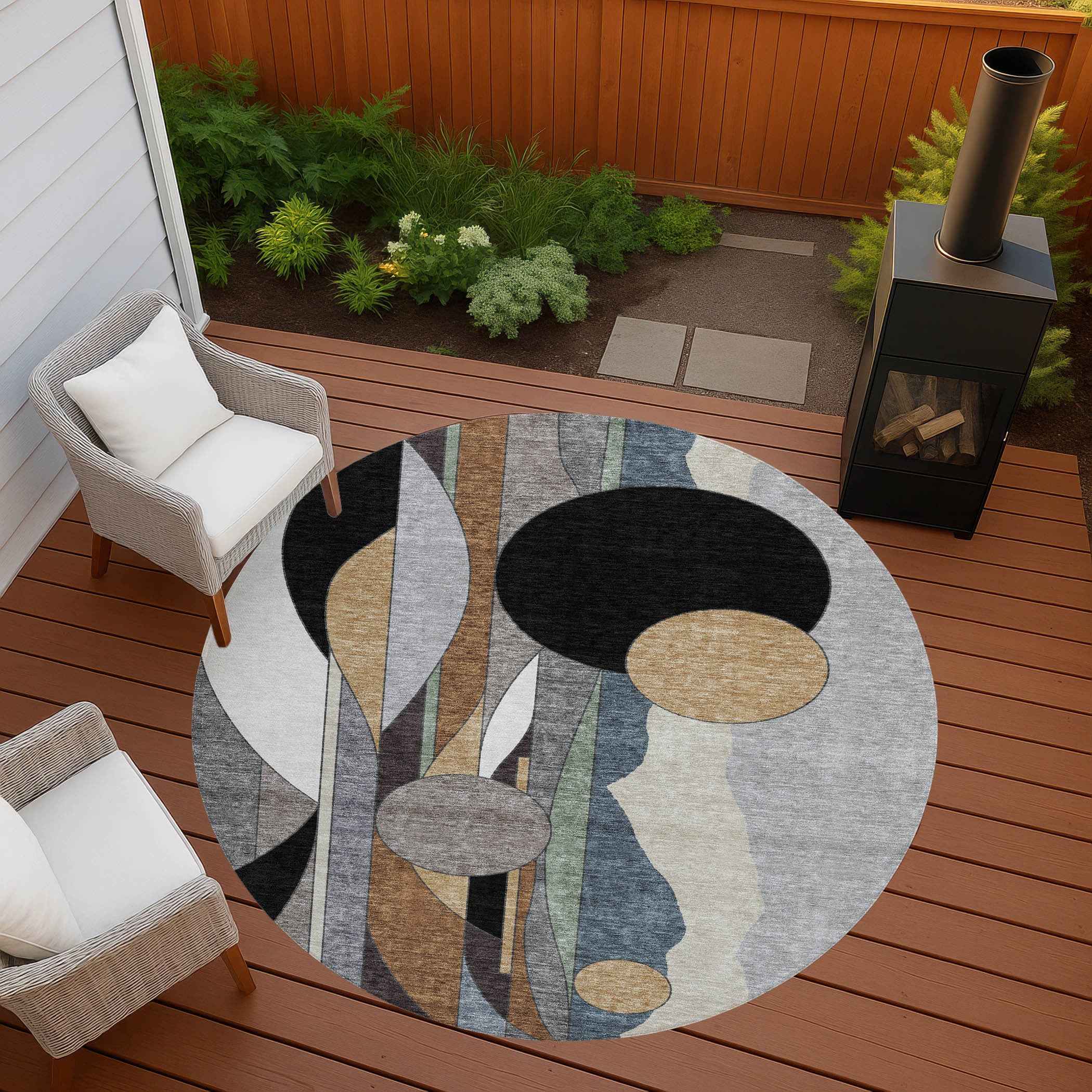 8' Gray Black And Gold Round Geometric Washable Indoor Outdoor Area Rug
