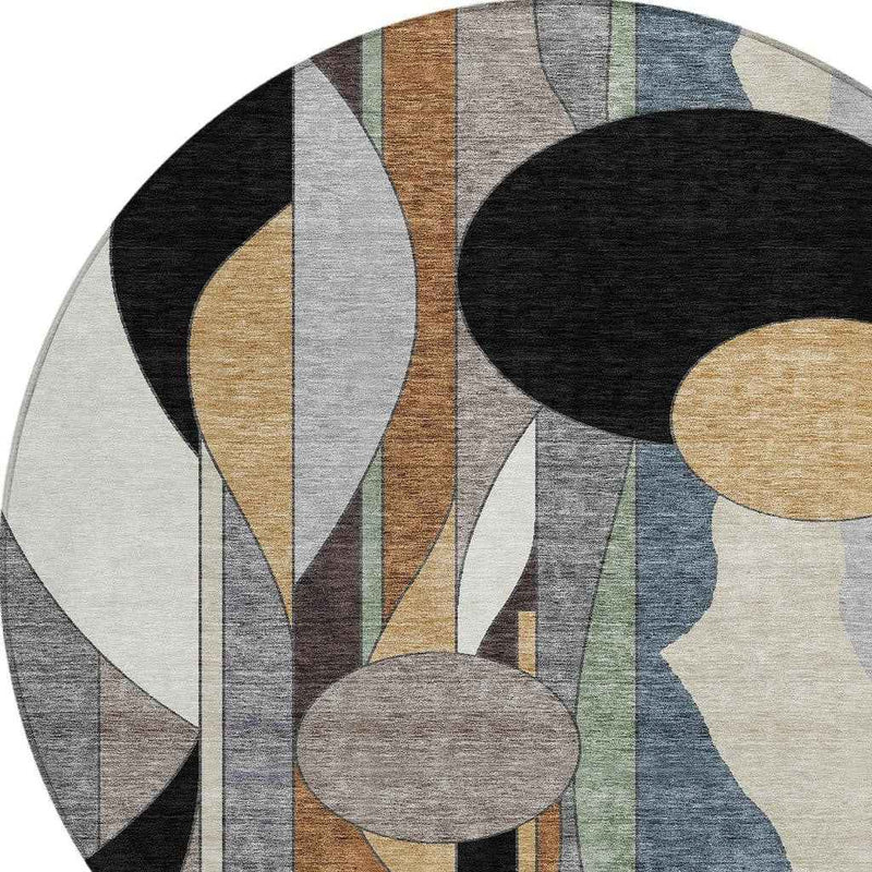 8' Gray Black And Gold Round Geometric Washable Indoor Outdoor Area Rug