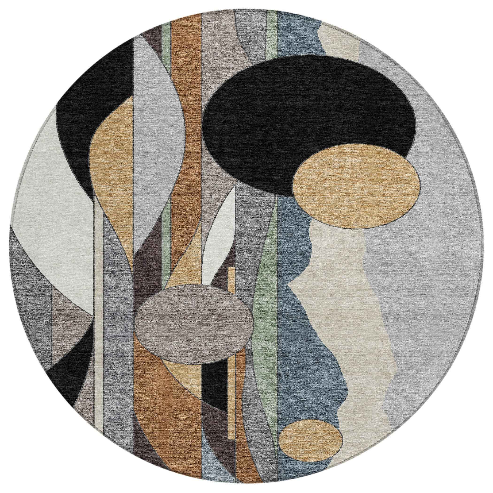 8' Gray Black And Gold Round Geometric Washable Indoor Outdoor Area Rug