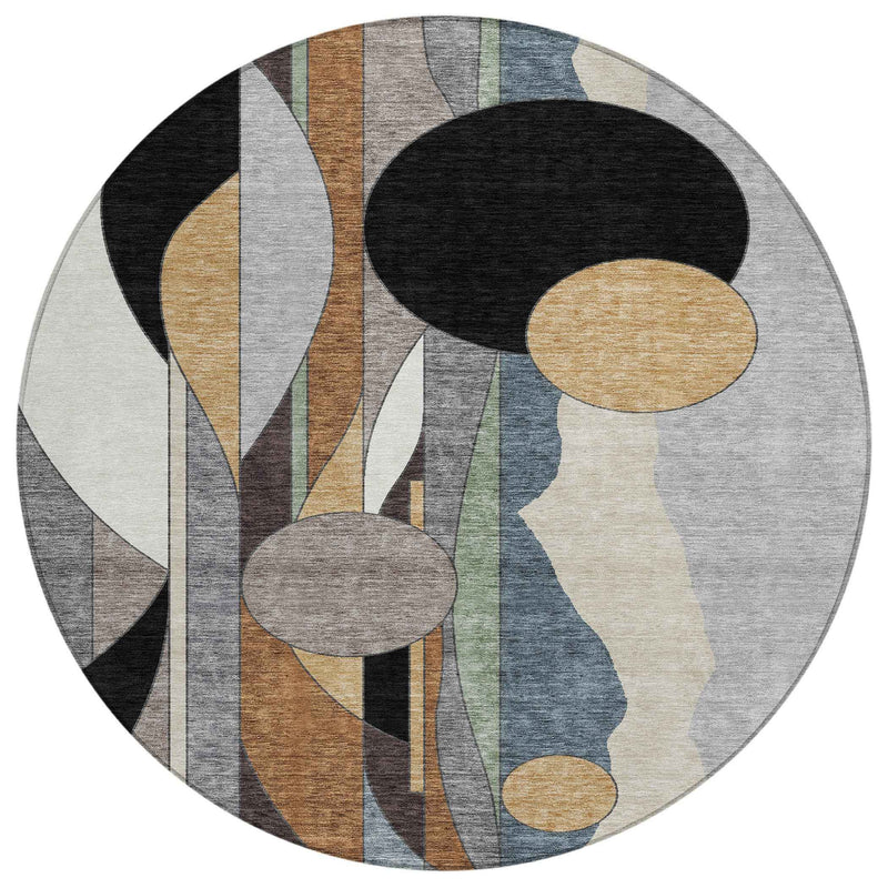 8' Gray Black And Gold Round Geometric Washable Indoor Outdoor Area Rug