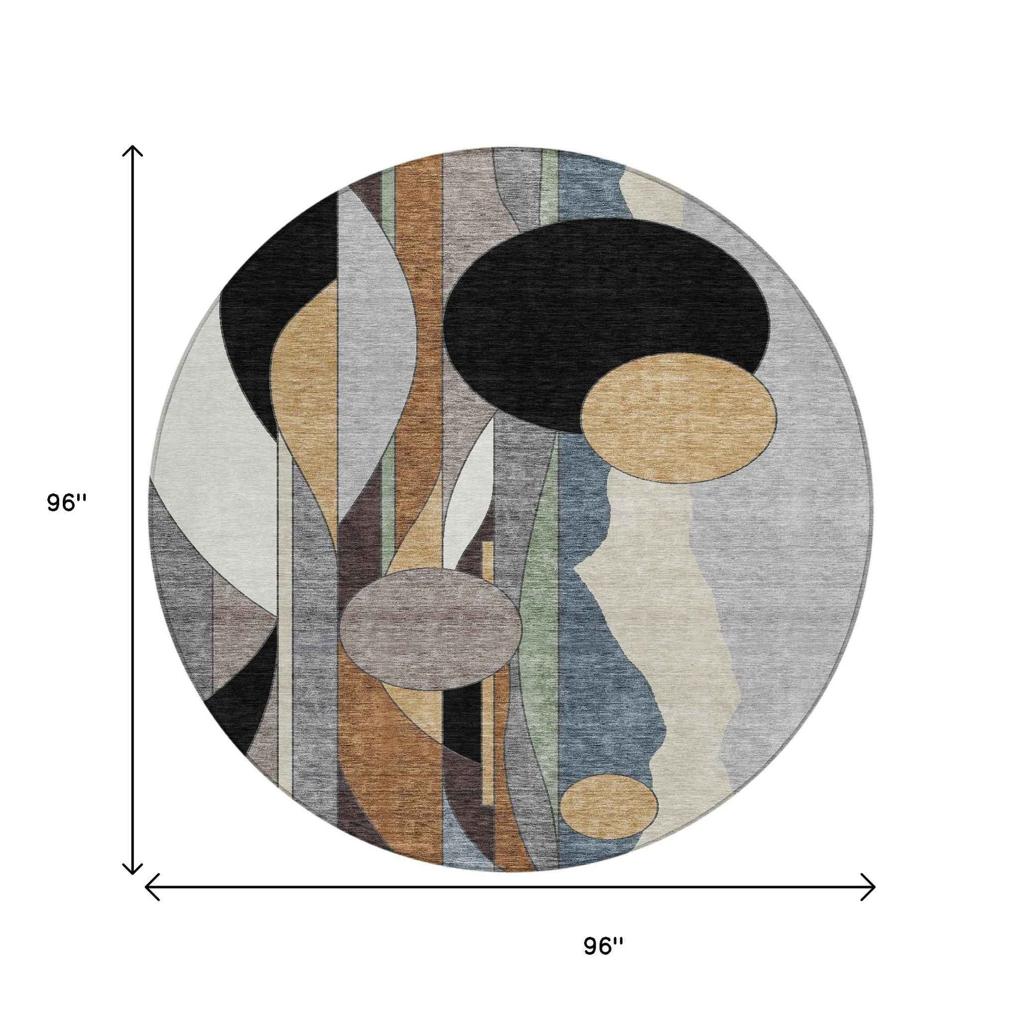 8' Gray Black And Gold Round Geometric Washable Indoor Outdoor Area Rug