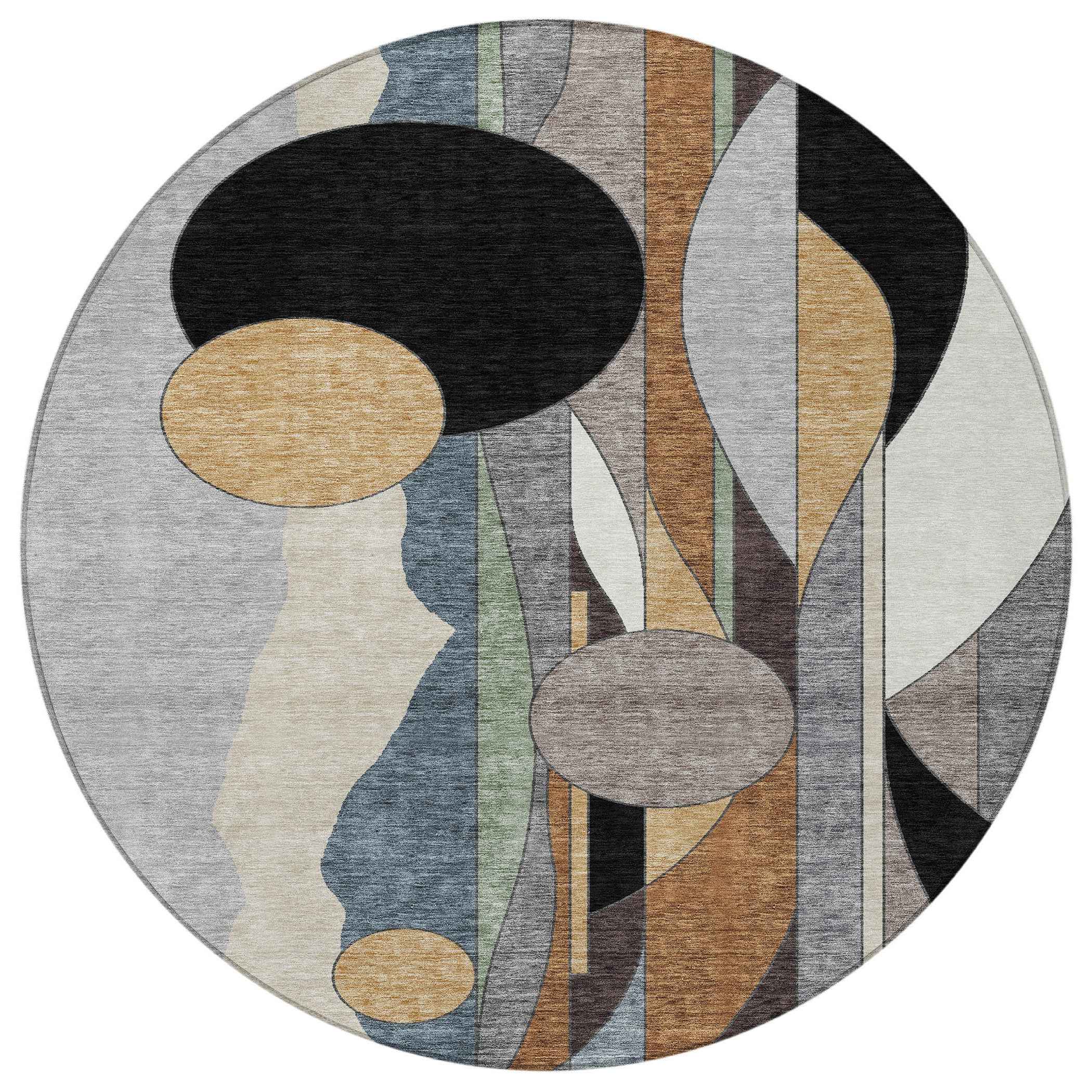 8' Gray Black And Gold Round Geometric Washable Indoor Outdoor Area Rug