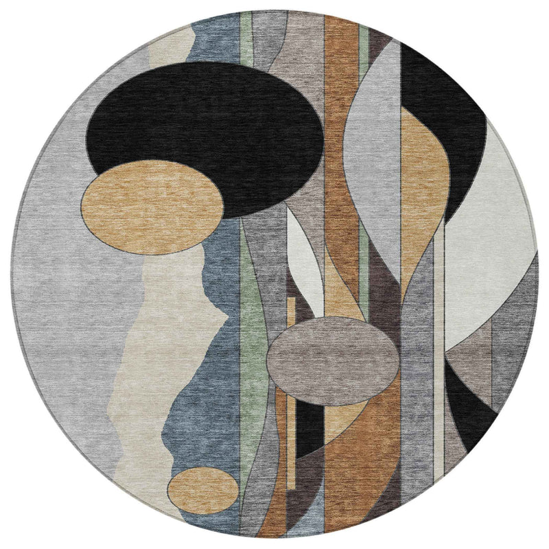 8' Gray Black And Gold Round Geometric Washable Indoor Outdoor Area Rug