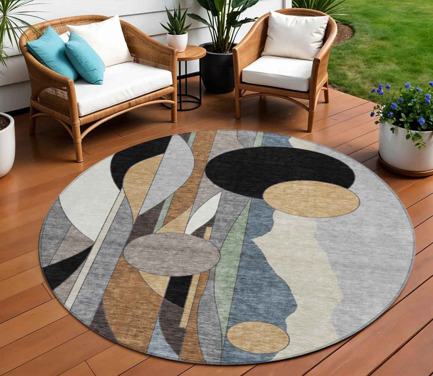 8' Gray Black And Gold Round Geometric Washable Indoor Outdoor Area Rug