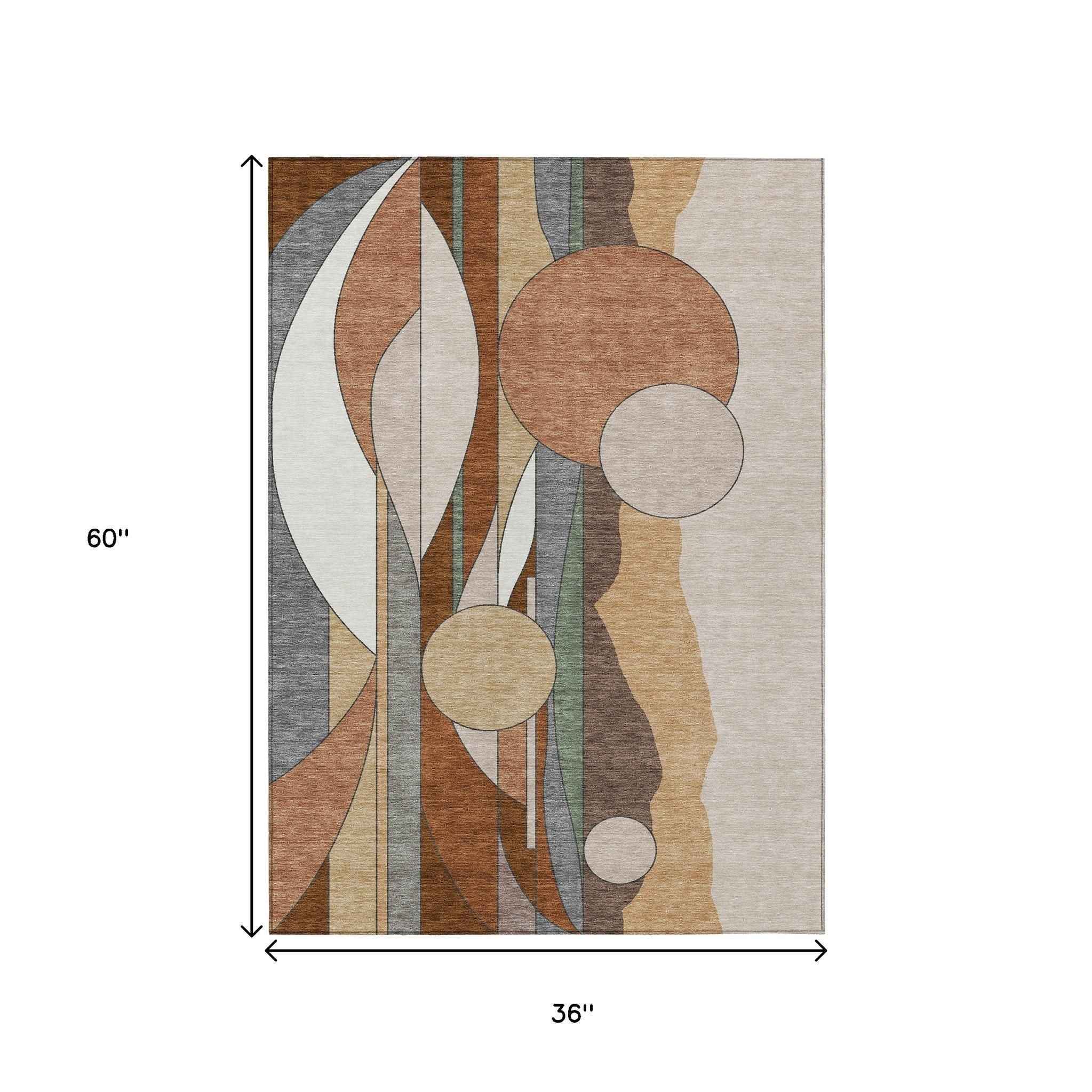 3' X 5' Copper And Ivory Geometric Washable Indoor Outdoor Area Rug