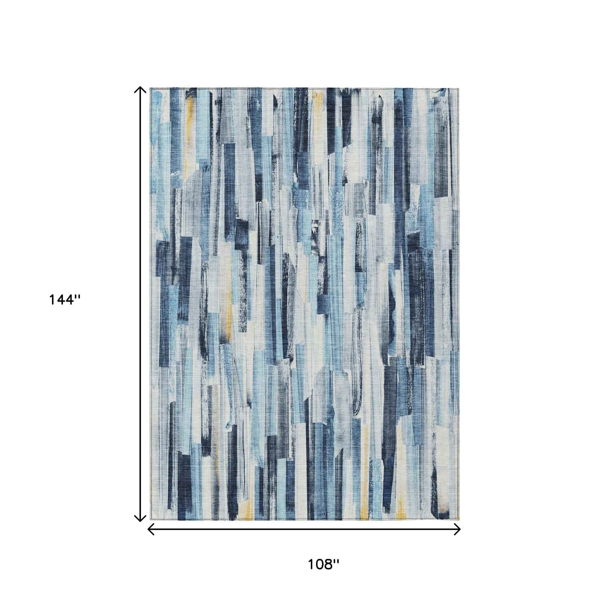 9' X 12' Denim Blue And Ivory Striped Washable Indoor Outdoor Area Rug